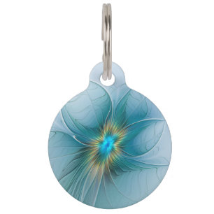 Médaillon Pour Animaux Petite Beauté Moderne Fleur d'Art Fractal Bleu Or