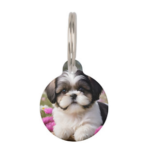 Médaillon Pour Animaux Petite Tzu Chiot Panier Fleurs