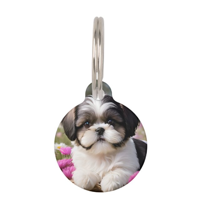 Médaillon Pour Animaux Petite Tzu Chiot Panier Fleurs (Devant)