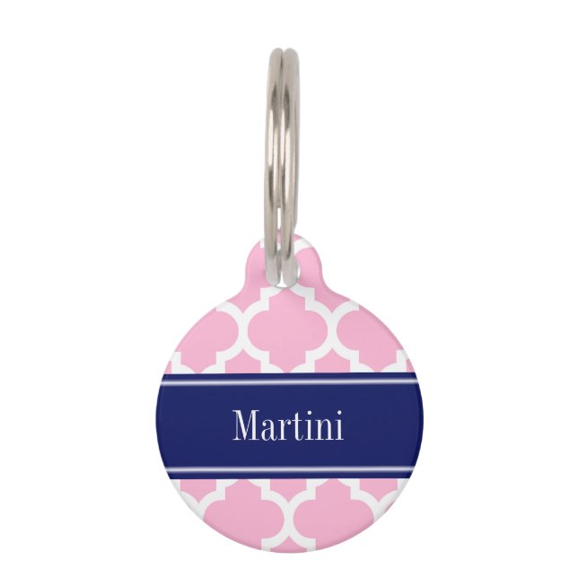 Médaillon Pour Animaux Pink Wht Moroccan #5 Navy Blue 5c Nom Monogram (Devant)