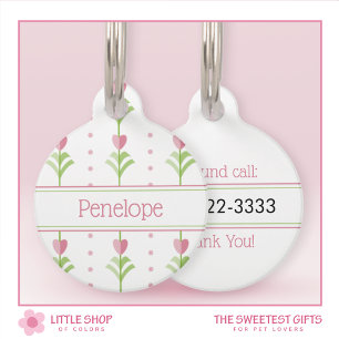 Médaillon Pour Animaux Pointe Polka Rose Floral Personnalisable