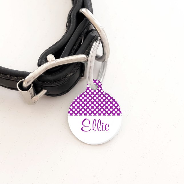 Médaillon Pour Animaux Pois Violets Et Blancs Avec Nom Et Numéro (Créateur téléchargé)