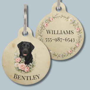 Médaillon Pour Animaux Portrait floral de Labrador noir