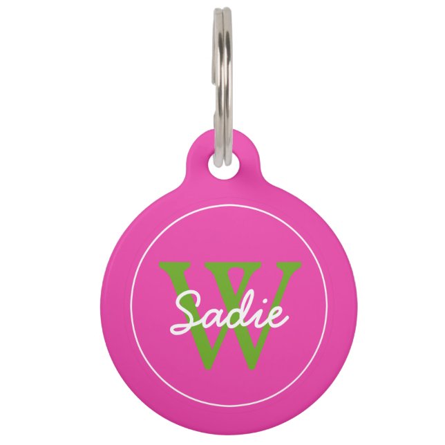 Médaillon Pour Animaux Preppy Diva rose et vert monogramme de pomme (Devant)