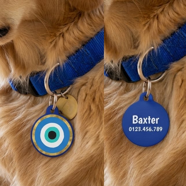 Médaillon Pour Animaux Protective Blue Evil Eye Nazar Gold Geometric Pet (Protective Blue Evil Eye Nazar Gold Geometric Pet ID Tag)