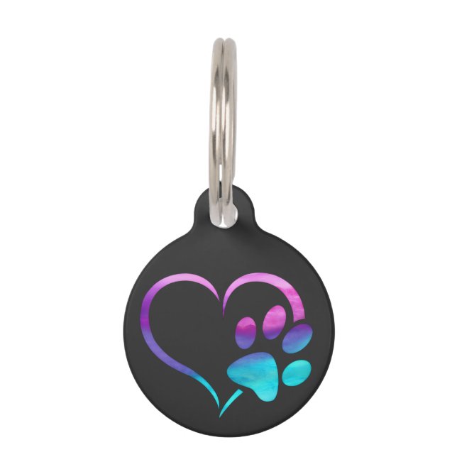 Médaillon Pour Animaux Purple Cyan Dog paw Print Heart  (Devant)