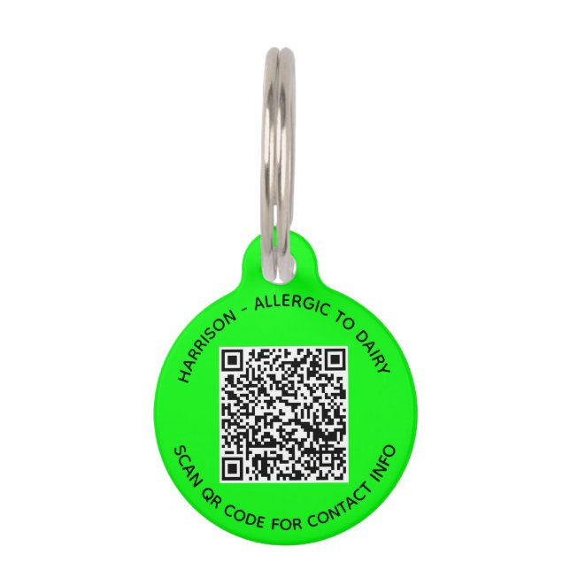 Médaillon Pour Animaux QR Code photo numérisable Info moderne néon vert (Devant)