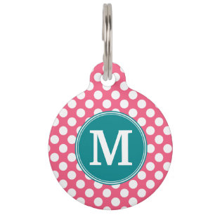Médaillon Pour Animaux Rose chaud et Pois Turquoises avec Monogramme pers