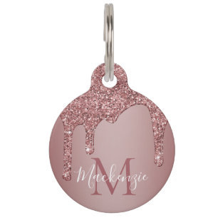 Médaillon Pour Animaux Rose Chic Parties scintillant de goutte d'or Monog