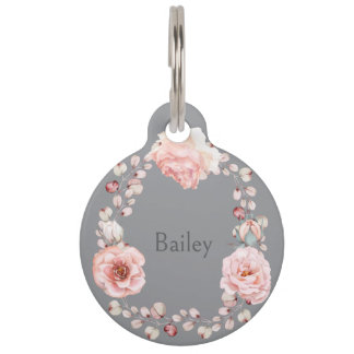 Médaillon Pour Animaux Rose d'aquarelle Wreath personnalisée | Gray