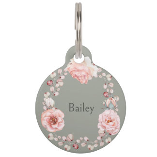 Médaillon Pour Animaux Rose d'aquarelle Wreath personnalisée | Vert sage