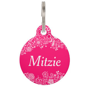 Médaillon Pour Animaux Rose de Flowerful et blanc - étiquette faite sur