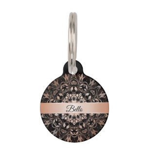 Médaillon Pour Animaux Rose Gold Noir Mandala Nom de votre chien Adresse