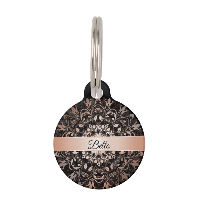Médaillon Pour Animaux Rose Gold Noir Mandala Nom du Chien Votre Adresse (Devant)