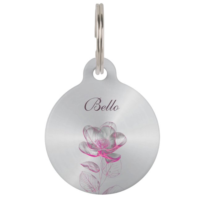 Médaillon Pour Animaux Rose Rose Luxe Argent Personnaliser (Devant)