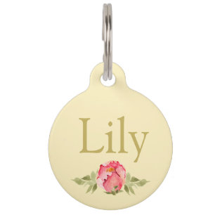 Médaillon Pour Animaux Roses floraux couleur rose de l'eau, en lettres d'