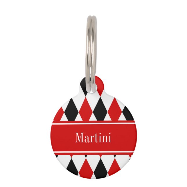Médaillon Pour Animaux Rouge Blanc Noir Arlequin Ruban Rouge Nom Monogram (Devant)
