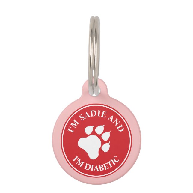 Médaillon Pour Animaux Rouge Et Blanc Paw Avec Texte Diabétique (Devant)