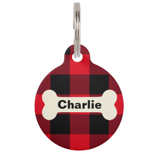 Médaillon Pour Animaux Rouge rustique Buffalo Plaid Chien Bone Nom person