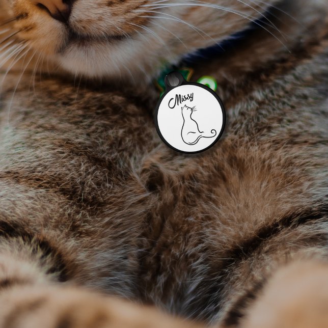 Médaillon Pour Animaux Silhouette de chat en une seule ligne simple noir  (Créateur téléchargé)
