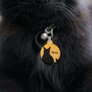 Médaillon Pour Animaux Silhouette de chat noir sur un glitter orange fest