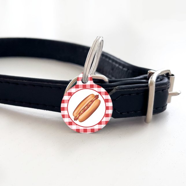 Médaillon Pour Animaux Snack de restauration rapide Hot Dog sur gingham r (Hot dog design on the front and two personalizable text areas on the back.)
