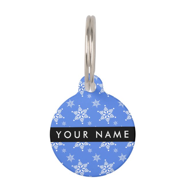 Médaillon Pour Animaux Snowflakes blanc, Bleu, Votre nom, Personnaliser (Devant)