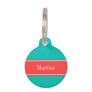 Médaillon Pour Animaux Solid Teal, Coral Red Ribbon Monogram