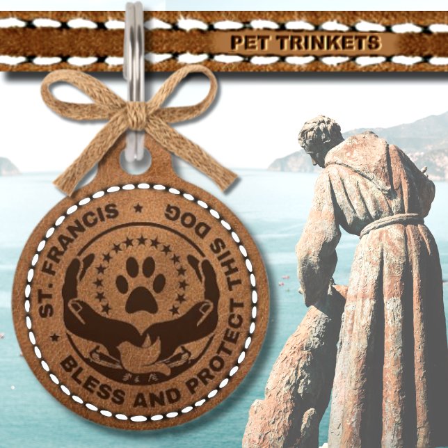 Médaillon Pour Animaux ST. Francise Bless Protège Ce Chien Cuir Brown (Créateur téléchargé)
