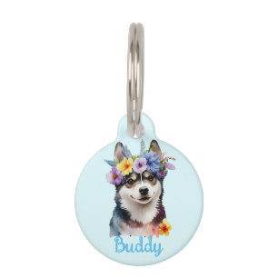 Médaillon Pour Animaux Tag d'eau de chien husian Flower Round Pet