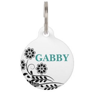 Médaillon Pour Animaux Tag turquoise et noir Floral Round Pet