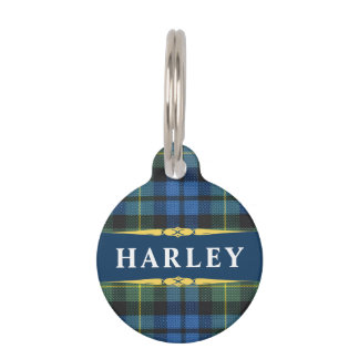 Médaillon Pour Animaux Tartan à carreaux personnalisé bleu noir or