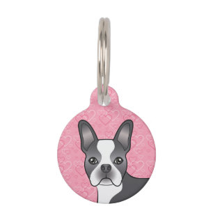 Médaillon Pour Animaux Tête de Boston Terrier bleu et blanc sur des cœurs