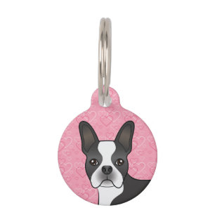 Médaillon Pour Animaux Tête de Boston Terrier noir et blanc sur des cœurs