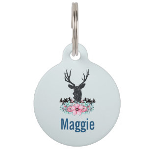 Médaillon Pour Animaux Tête de cerf noir avec Fleurs et Montagnes roses