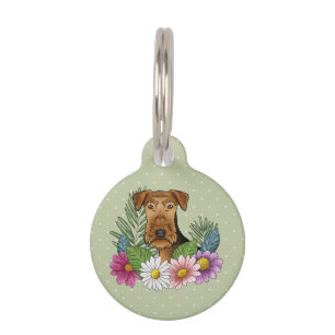 Médaillon Pour Animaux Tête De Chien Airedale Terrier Avec Fleurs Colorée