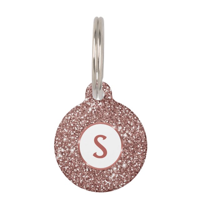 Médaillon Pour Animaux Texture de paillettes en faux or rose & monogramme (Devant)