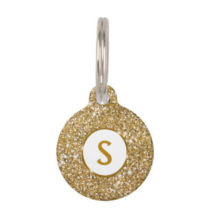 Médaillon Pour Animaux Texture de paillettes jaune doré faux avec monogra