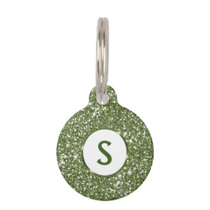 Médaillon Pour Animaux Texture de paillettes vertes fausses et monogramme