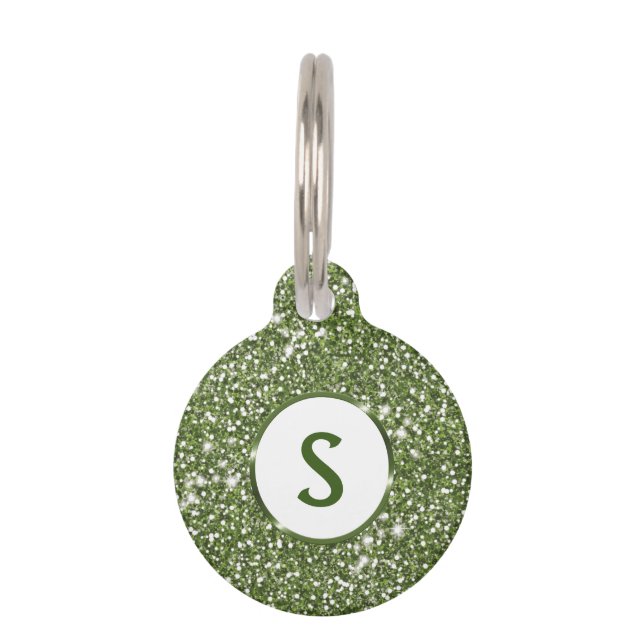 Médaillon Pour Animaux Texture de paillettes vertes fausses et monogramme (Devant)