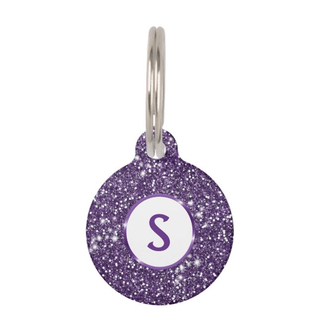 Médaillon Pour Animaux Texture de paillettes violettes fausses et monogra (Devant)
