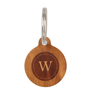 Médaillon Pour Animaux Texture Monogramme Cuir Marron - Pas de Cuir Réel