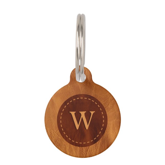 Médaillon Pour Animaux Texture Monogramme Cuir Marron - Pas de Cuir Réel (Devant)
