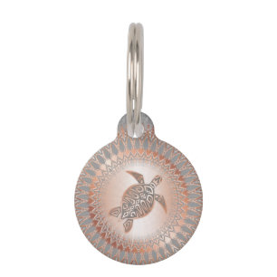 Médaillon Pour Animaux Tortue Grise D'Or Rose Et Mandala