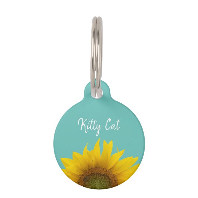 Médaillon Pour Animaux Tournesol Jaune Kitty Chat Typographie Turquoise t (Devant)