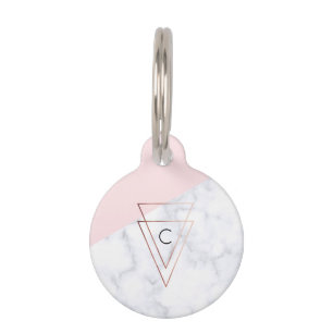 Médaillon Pour Animaux triangles d'or rose élégant en marbre blanc rose