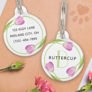 Médaillon Pour Animaux Tulipes roses Ressort Élégant floral Nom personnal