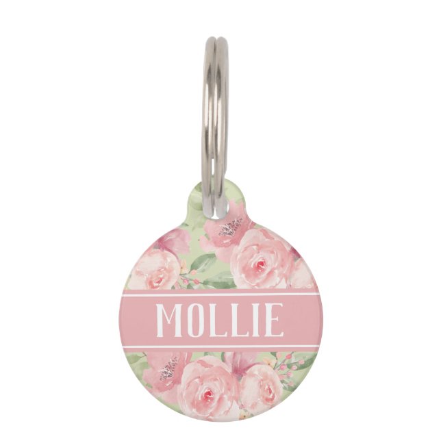 Médaillon Pour Animaux Vert rose pâle Nom et adresse floraux (Devant)