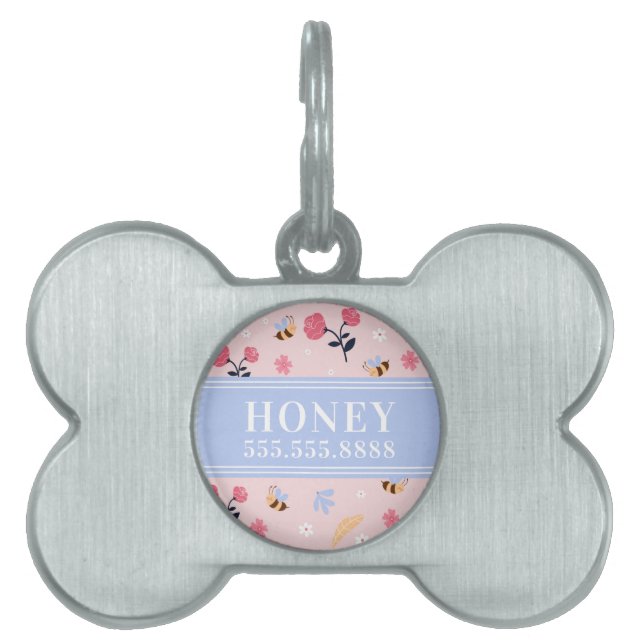Médaillons Pour Animaux Domestiques Abeille rose mignonne Nom Floral Monogramme encadr (Devant)