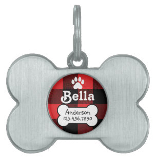 Médaillons Pour Animaux Domestiques Buffalo Plaid Red et Black Custom Dog Bone